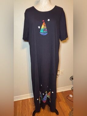 Vintage 90s Whimsical Rainbow Sailboat Maxi Dress Knit Dark Navy Blue Large-XL